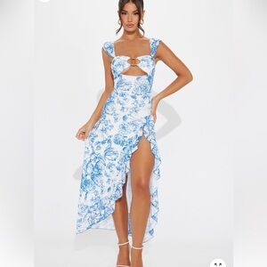 Fashion Nova Blue and White Floral High Low Dress